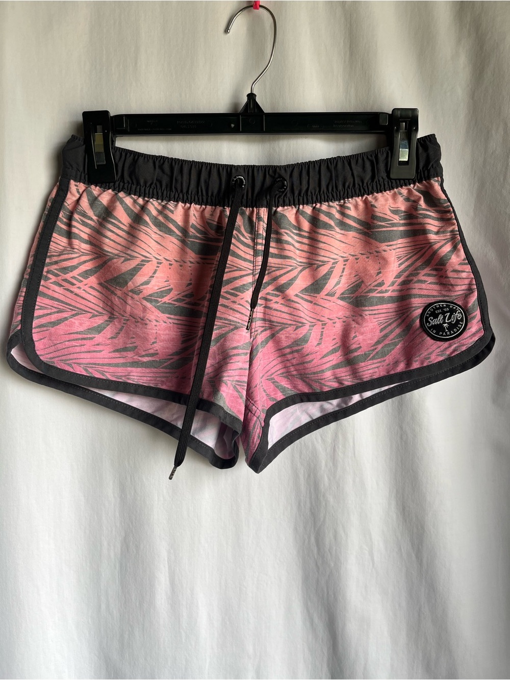 Salt Life Pink Tropical Palm Print Athletic Shorts with Black Trim